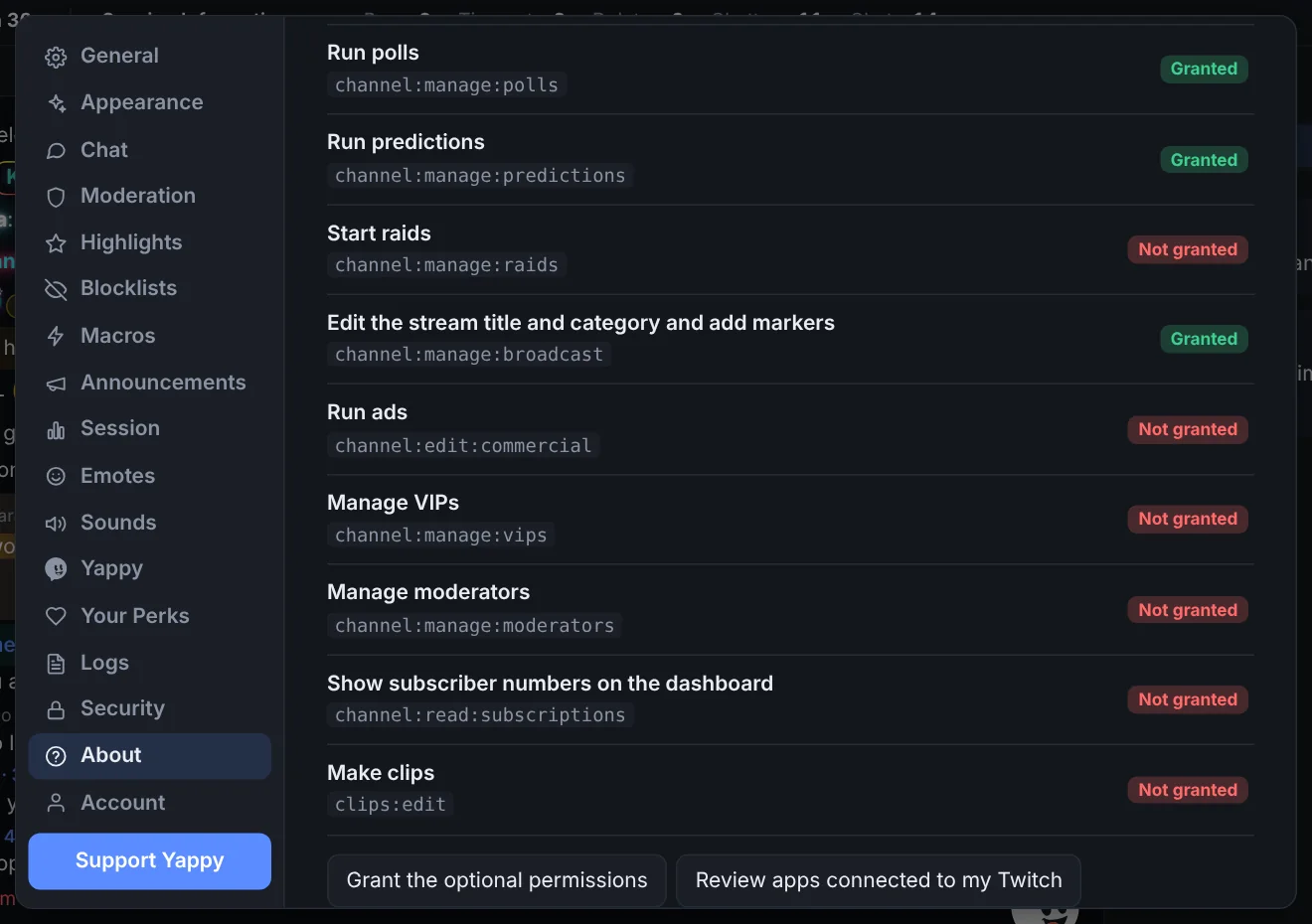Settings, About: each permission YappyChat can use with Granted or Not granted, and buttons to grant the optional ones or review connected apps.