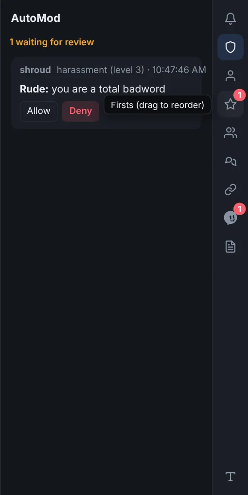 The activity panel on the AutoMod section, with a tooltip on a rail icon.