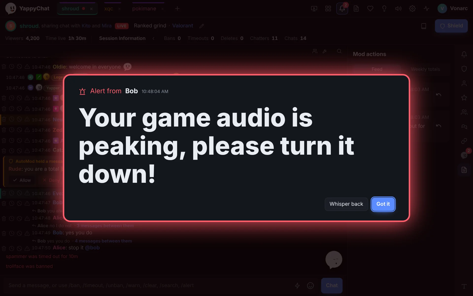 A full-window alert reading 'Your game audio is peaking, please turn it down!' with Whisper back and Got it buttons.