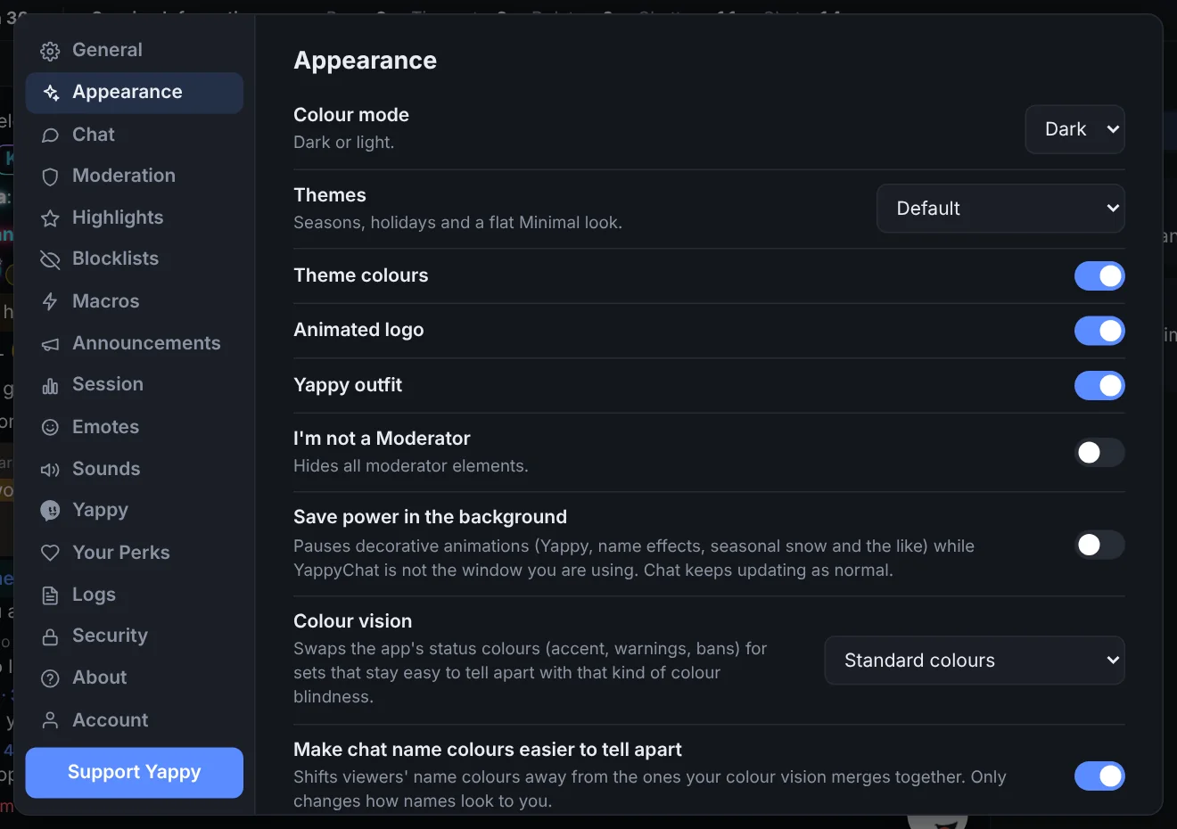 Appearance settings: theme, I'm not a Moderator, colour vision and more.