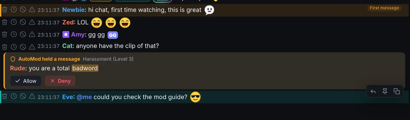 A held message in the chat, with the flagged word marked and Allow and Deny buttons.