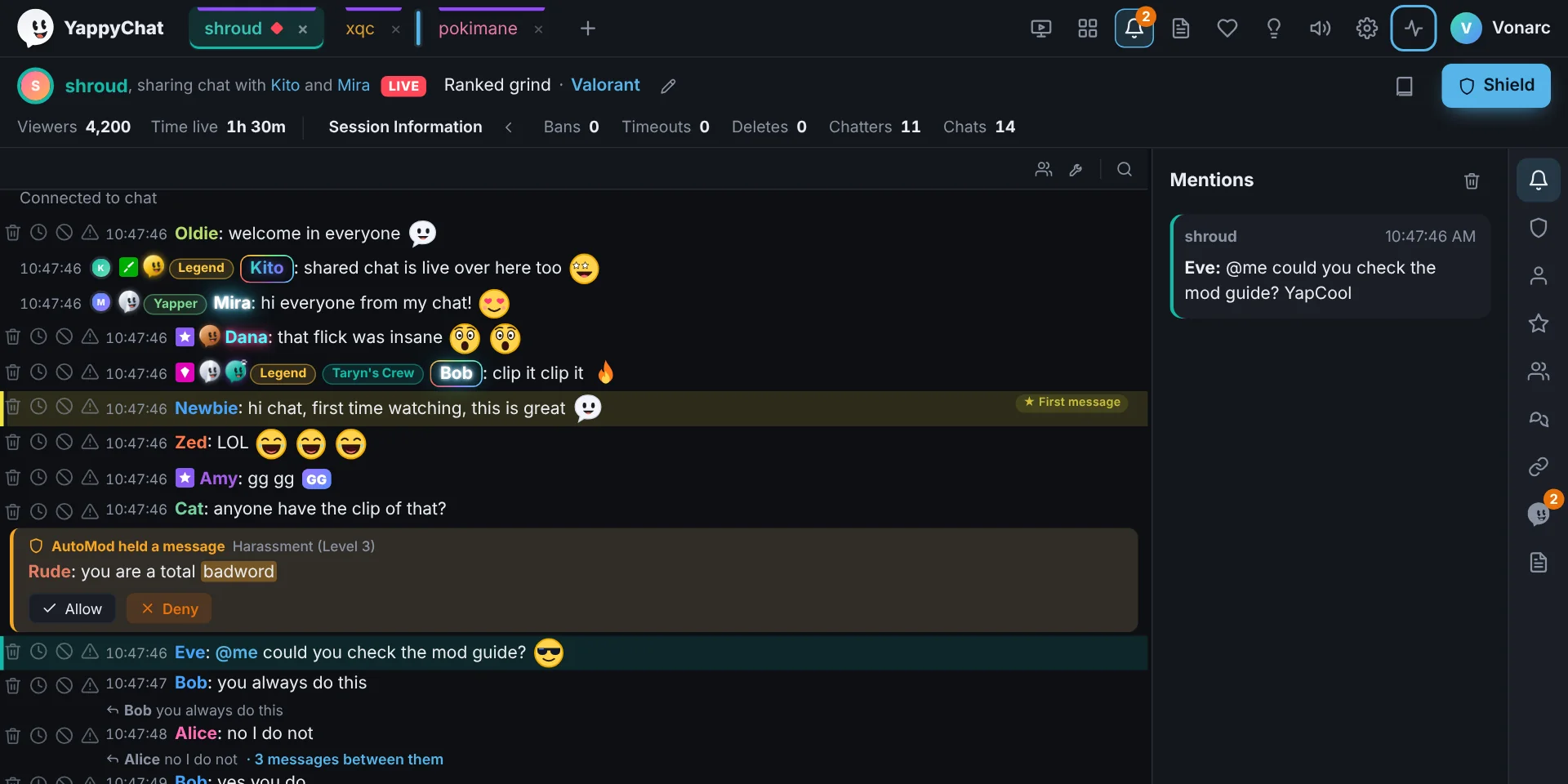 Deuteranopia mode with symbols on: the same chat, with a palette and name colours that are easier to tell apart.