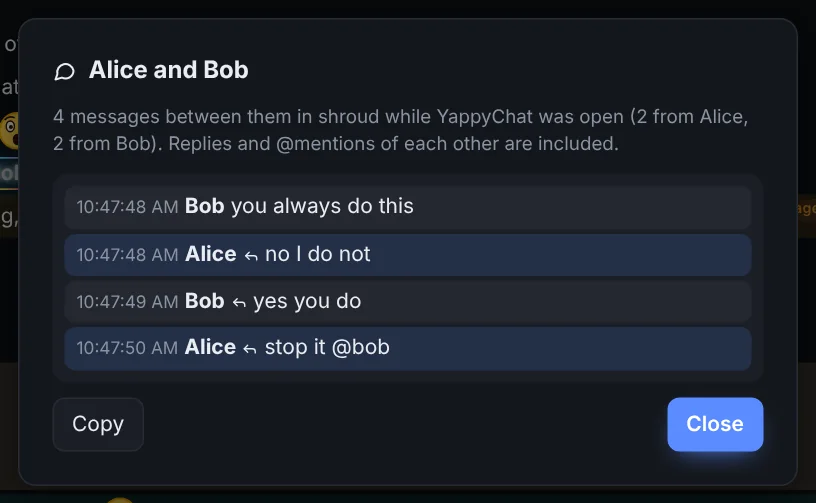 The conversation window: four messages between two chatters, replies marked with an arrow.
