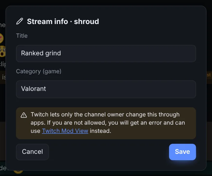 The stream info editor with the current title and game and a note about who is allowed.