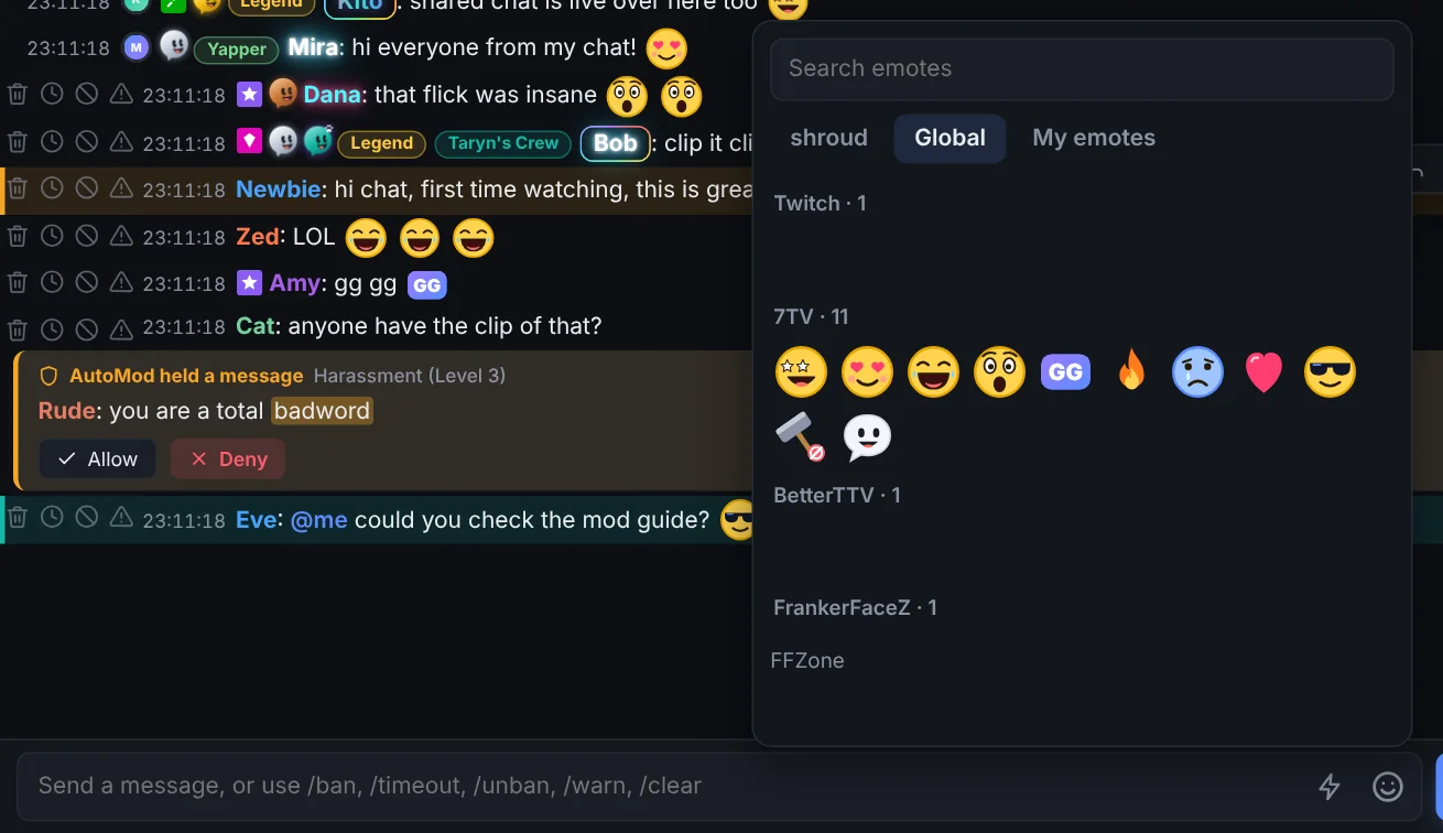The emote picker, grouped by channel, with a search box. Twitch, 7TV, BetterTTV and FrankerFaceZ all show up.