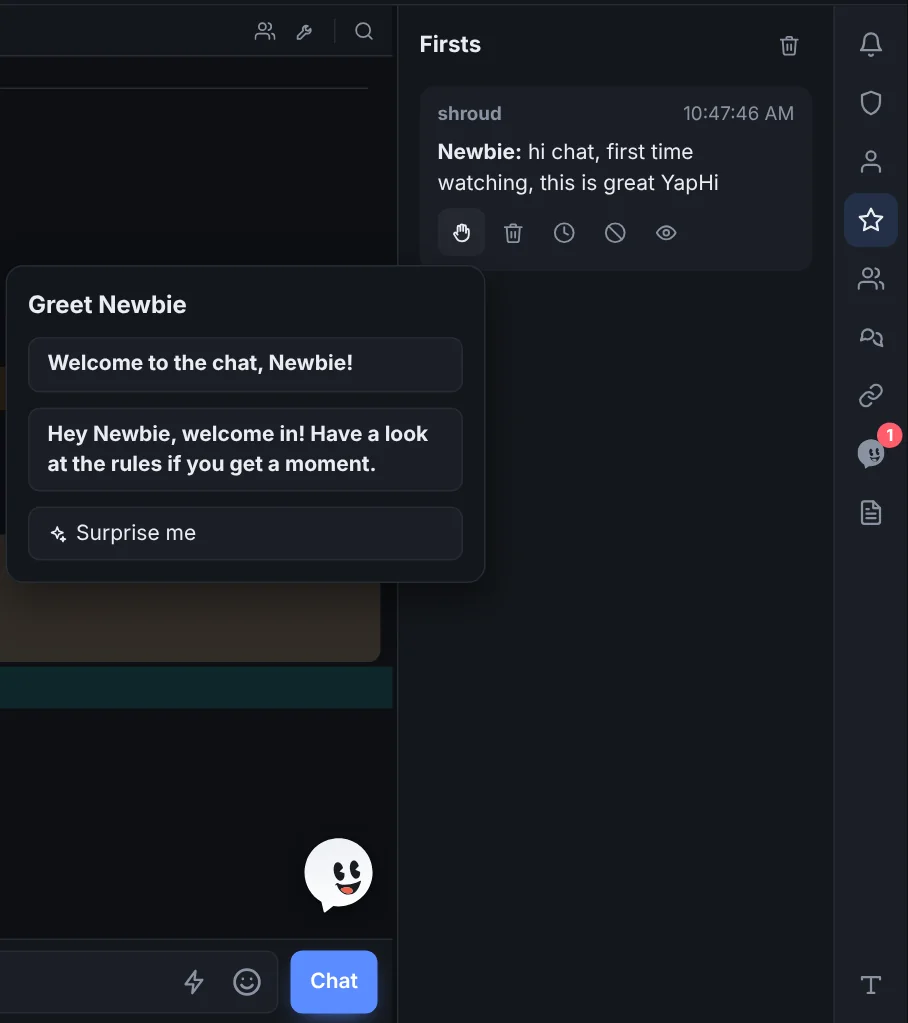 The Firsts tab: a first-time chatter with a greet button, and the list of saved greetings open.