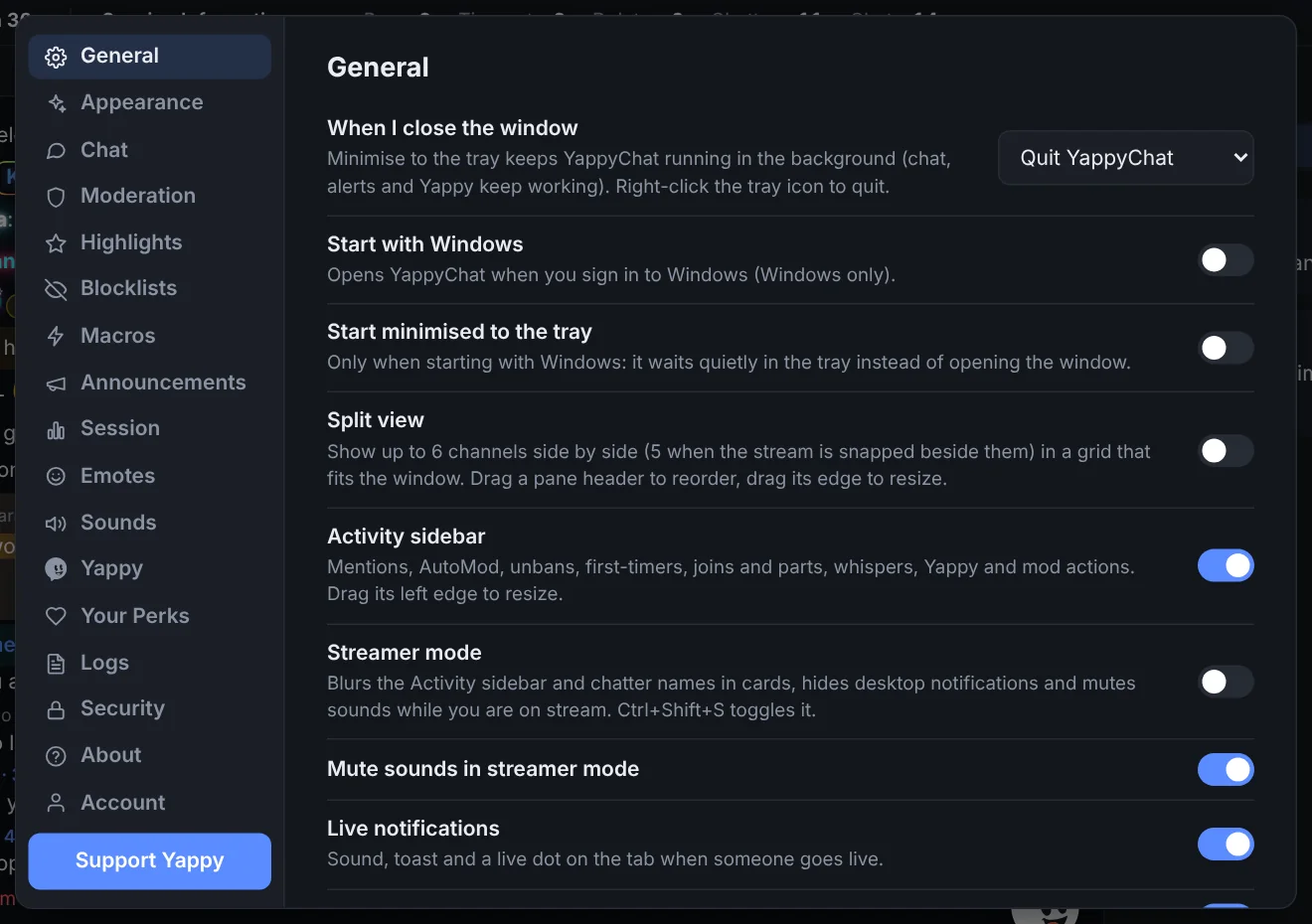 General settings: start with Windows, tray options, stream settings and more.