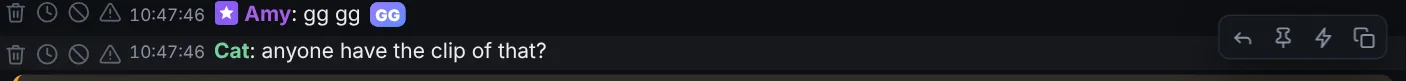Point at a message: delete, timeout, ban and warn on the left; reply, pin, save as macro and copy on the right.