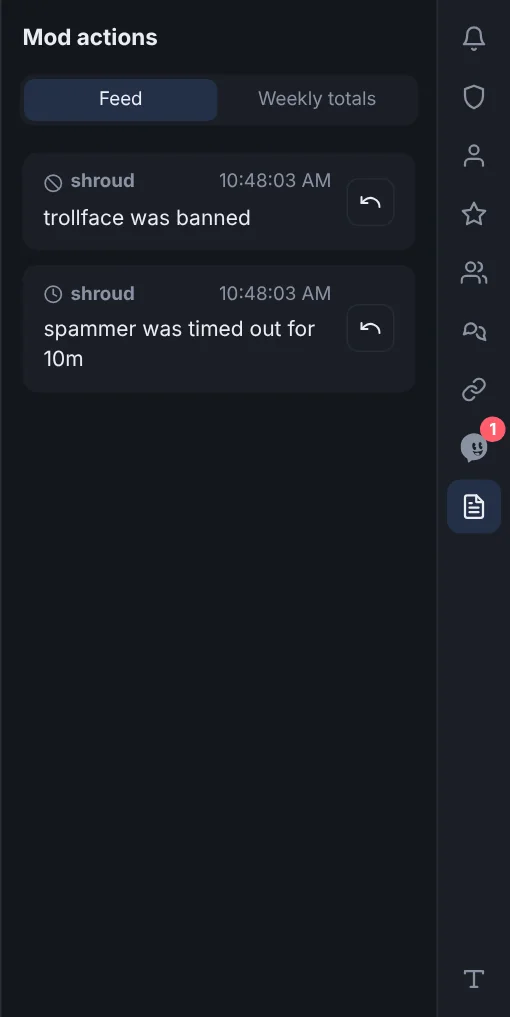 The mod actions feed: a ban and a timeout, each with an undo button on the right.