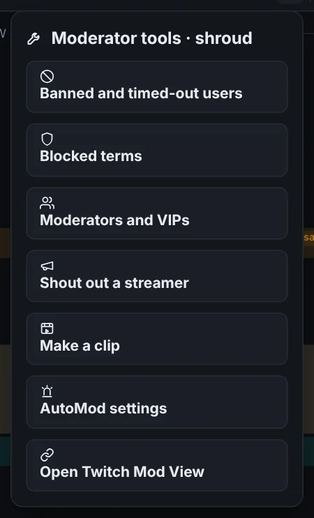 The more tools menu: banned users, moderators and VIPs, shoutout, raid, ad, clip, marker, chat filters and two links.
