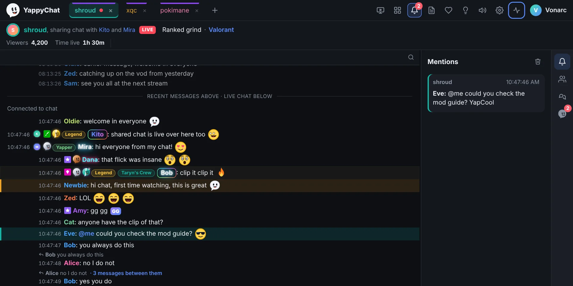 The same chat with I'm not a Moderator on: no mod buttons, no session counters, and a short activity rail.