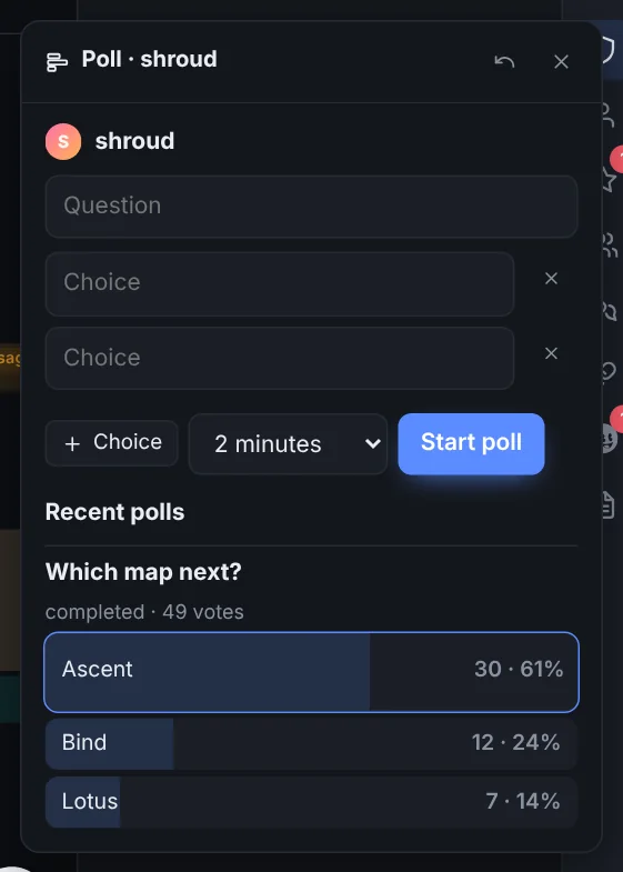 The poll window: a question, choices, a length, and recent polls with results.