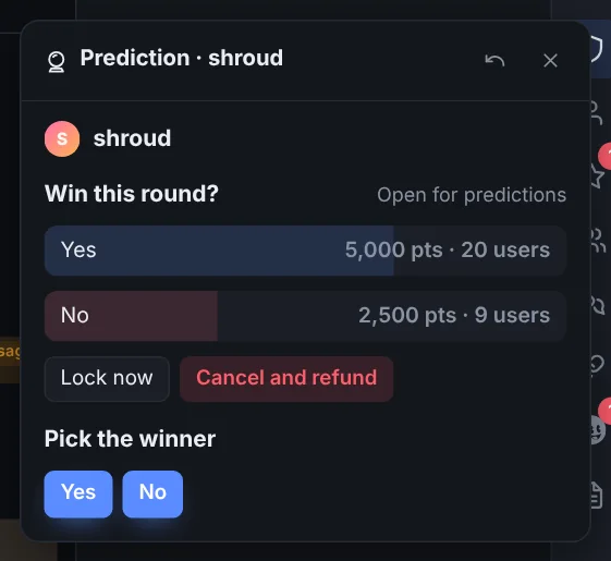 The prediction window: an open prediction with two outcomes, lock now, cancel and refund, and pick the winner.