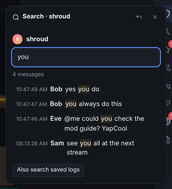 The /search window with matching words highlighted.