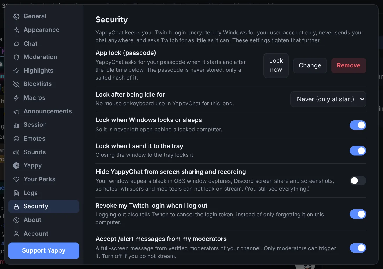 Security settings: passcode, idle lock, hide from screen sharing, revoke on logout, and alerts.