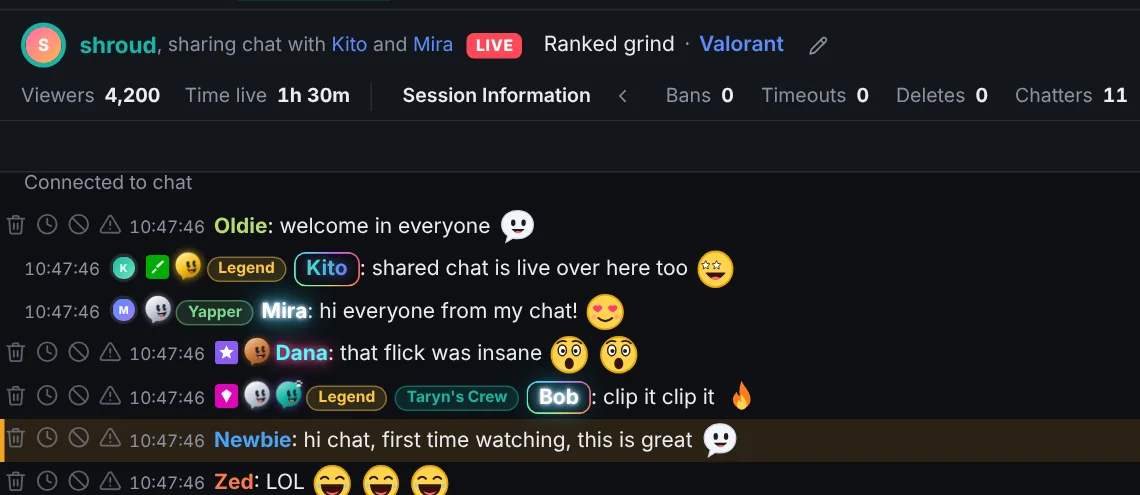 Shared chat: the bar names the other streamers, and messages from their chats carry their picture.