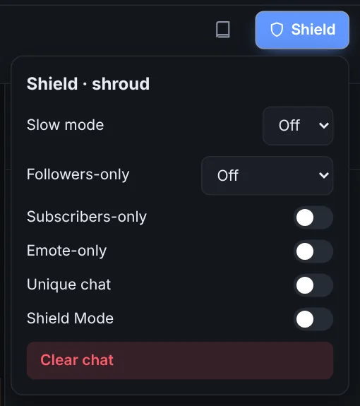 The Shield menu: slow mode, followers-only, subscribers-only, emote-only, unique chat and Shield Mode.