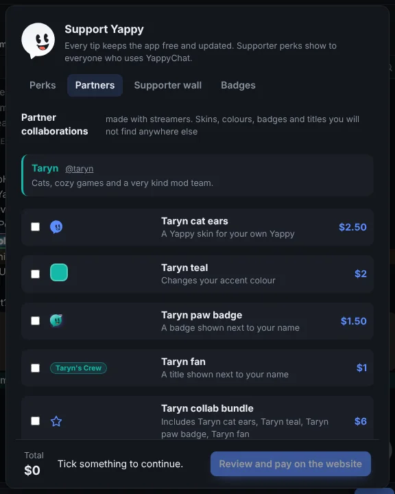 The Support Yappy shop (the heart button), here on the Partners tab.
