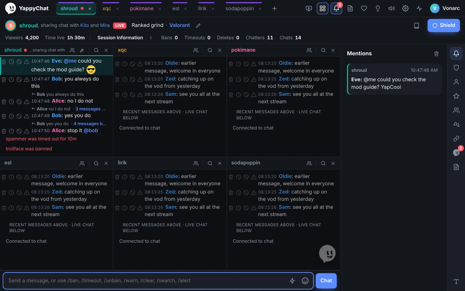 Split view with six chats in a grid of three columns and two rows.