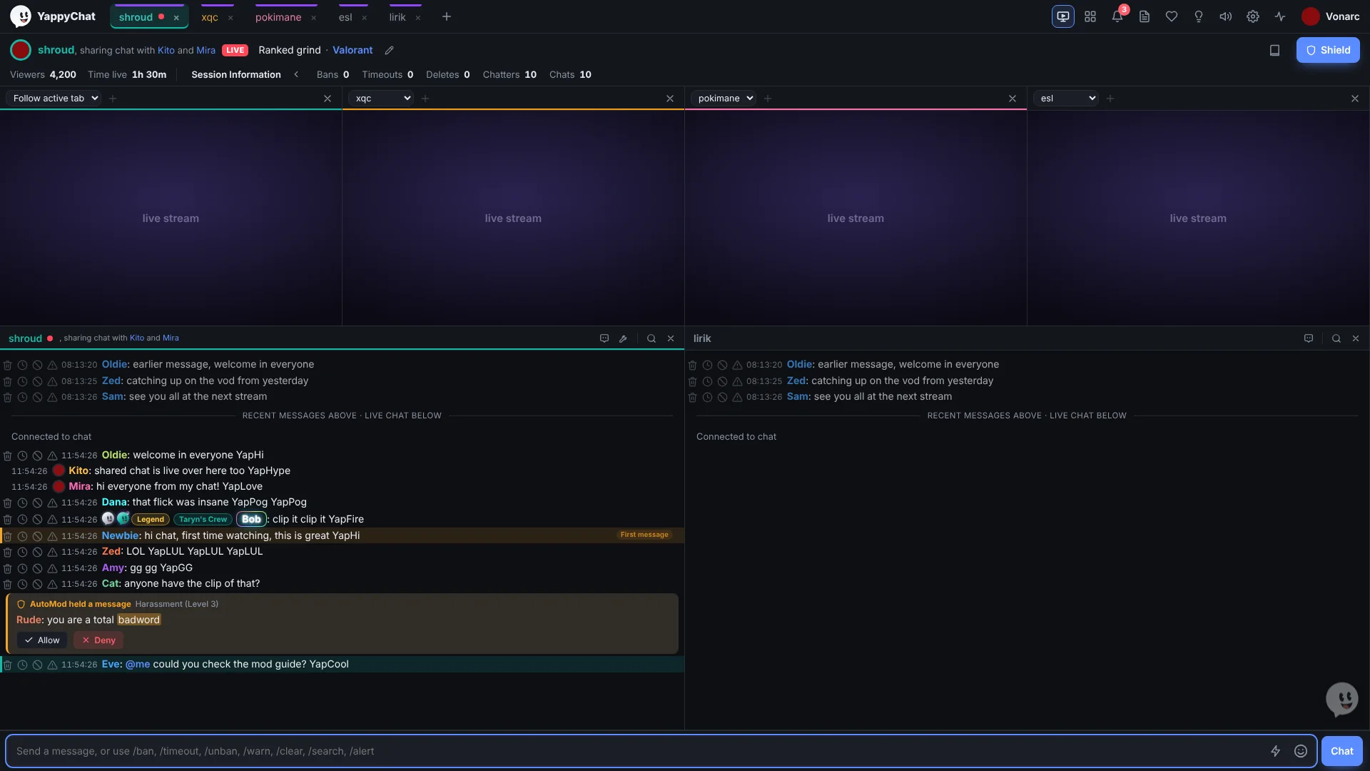 Four streams along the top, each with its own channel menu, plus and close buttons, and two chats below.