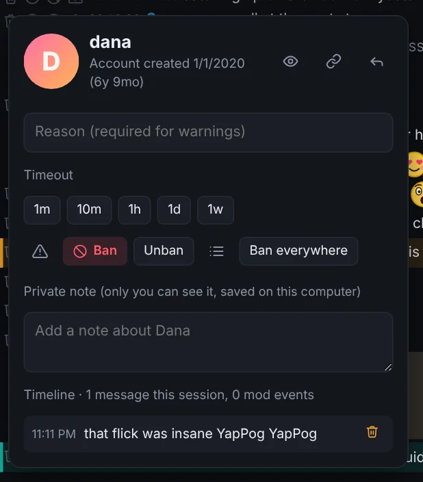 A user card: account age, quick moderation, a private note and a timeline.