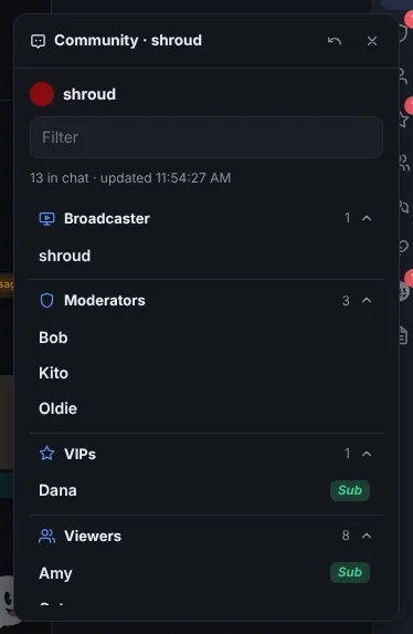The Community window: Broadcaster, Moderators, VIPs and Viewers in collapsible sections, with a Filter box.