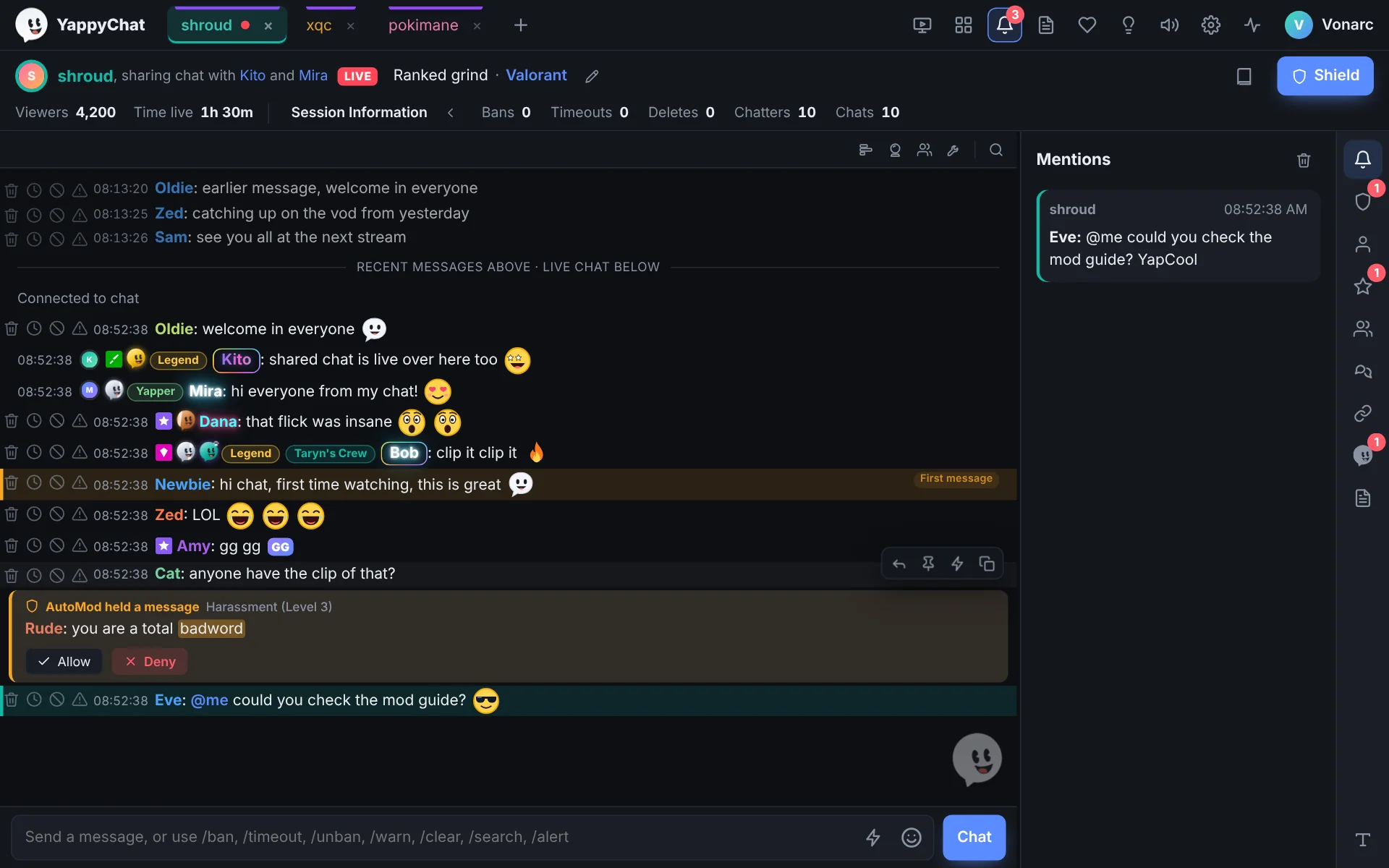 YappyChat showing a busy Twitch chat with colourful names, emotes and badges, and the slim activity rail on the right